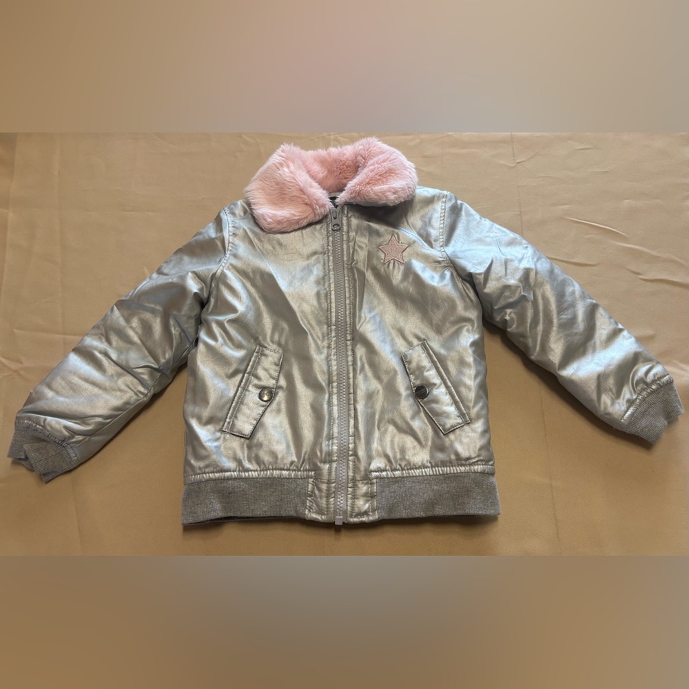 Buffalo David Bitton Metallic Silver Puff Jacket with Pink Collar